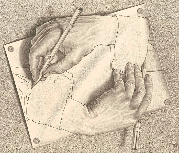 《描く手》1948 年制作　リトグラフ
Maurits Collection, Italy
All M.C.Escher works © 2024 The M.C.Escher
Company, Baarn, The Netherlands.
All rights reserved　mcescher.com