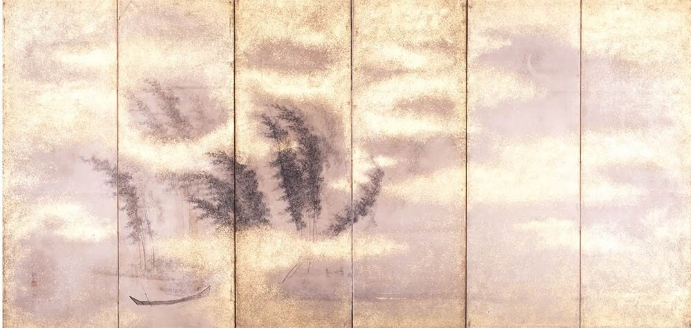 【月、照る】　竹林残月図屏風　六曲一隻　田中訥言筆　江戸時代19世紀　個人蔵