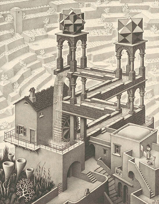 《滝》1961 年制作　リトグラフ
Maurits Collection, Italy
All M.C.Escher works © 2024 The M.C.Escher
Company, Baarn, The Netherlands.
All rights reserved　mcescher.com