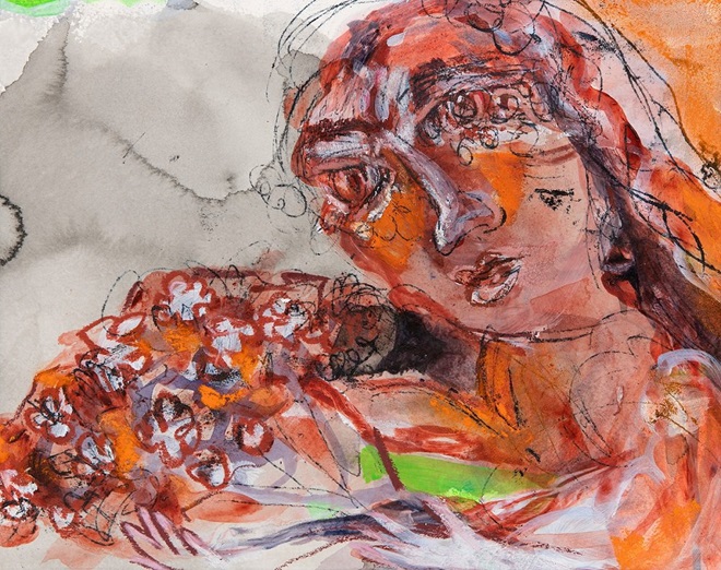 赤松玉女
「ハナタバ－オレンジ」
（紙に混合技法、ドローイング、縦22×横27.5cm）