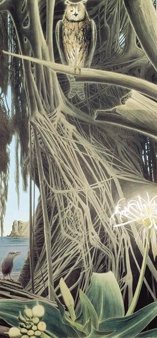 「榕樹に虎みゝづく」昭和48年(1973)以前　絹本墨画着色　田中一村記念美術館蔵
© 2023 Hiroshi Niiyama