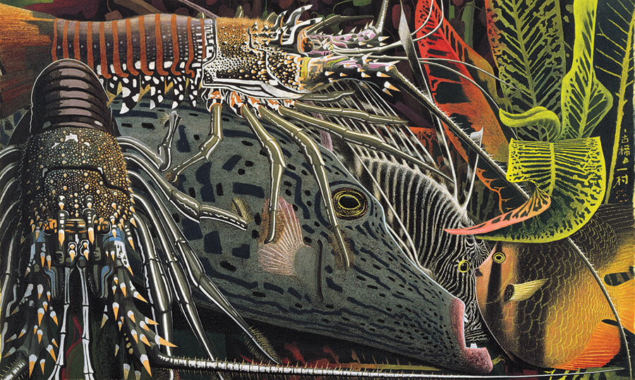 「海老と熱帯魚」昭和51年（1976）以前　絹本着色　田中一村記念美術館蔵
©2024 Hiroshi Niiyama