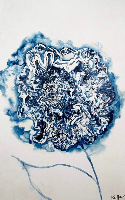 「色香花聞（SHIKIKOUKAMON）」

2024年

藍、クォーツ、ひまわり樹脂、鉱物 ／ 左官技法

116.7 × 72.7 cm（M50号）