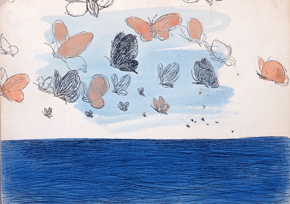 《筆彩素描集『蝶と貝殻』　海洋を渡る蝶》1934(昭和9)年 好太郎は1934(昭和9)年7月に旅先の名古屋で急逝。