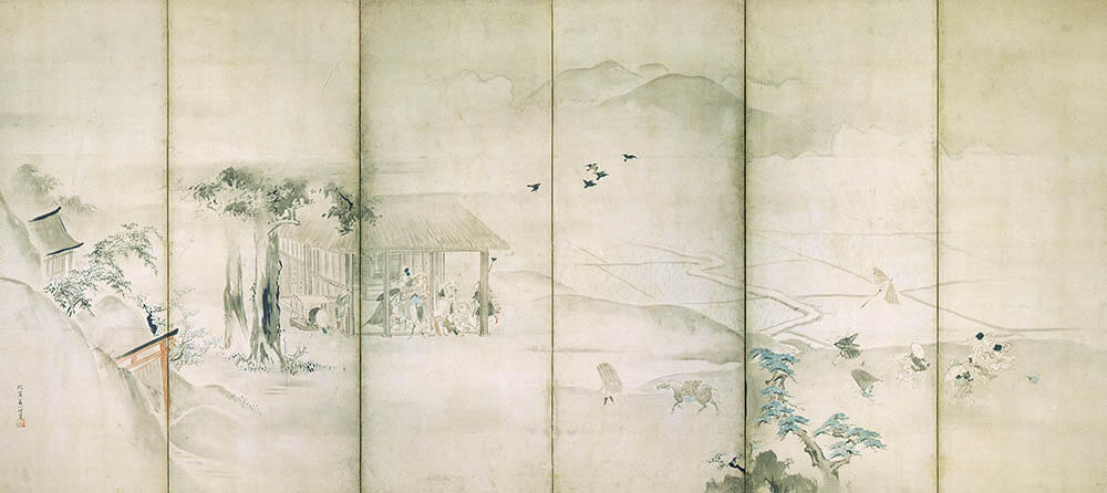 田園風俗図屛風　英一蝶　六曲一双のうち左隻　江戸時代　18世紀　サントリー美術館