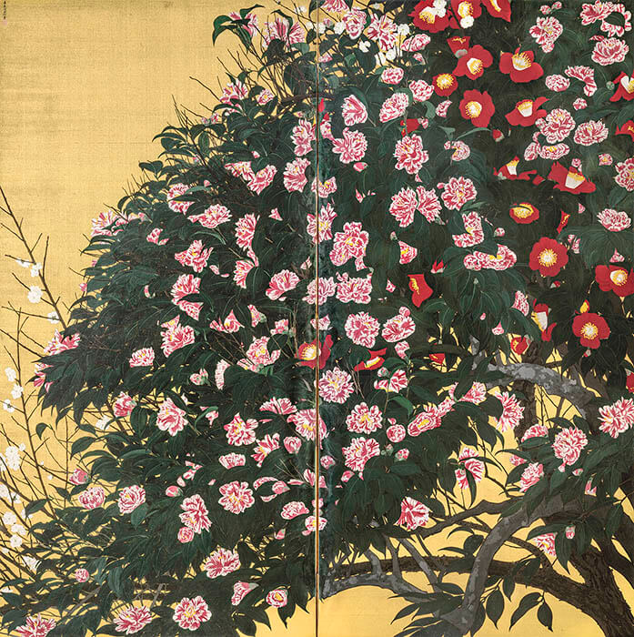 「椿図屏風」昭和6年（1931）絹本金地着色　2曲1双　千葉市美術館蔵
©2024 Hiroshi Niiyama