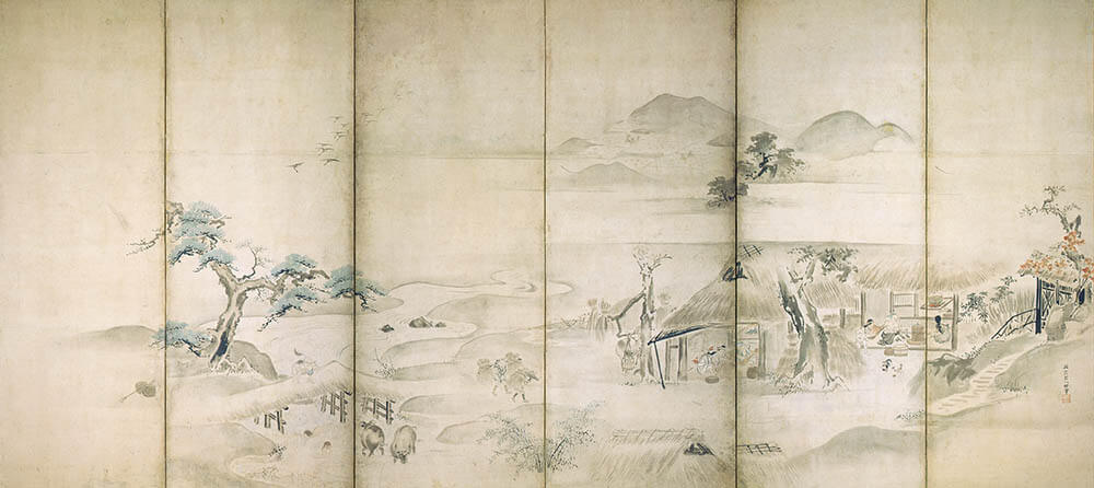 田園風俗図屛風　英一蝶　六曲一双のうち右隻　江戸時代　18世紀　サントリー美術館