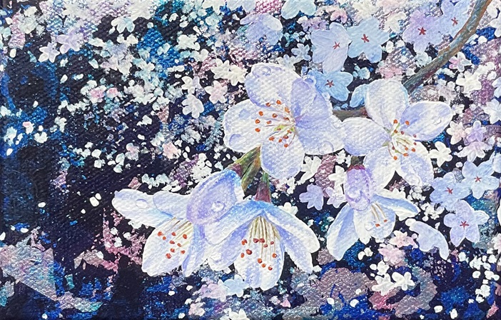 松尾彩加 「桜の便り」 素材:油彩・アルミ箔 技法:油彩画 サイズ:10×15㎝