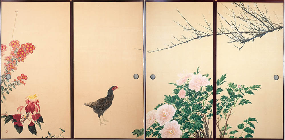 「花と軍鶏」昭和28年（1953）頃　絹本着色　田中一村記念美術館蔵
©2024 Hiroshi Niiyama