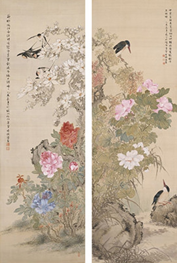 奥原晴湖「富貴飛燕・芙蓉翡翠」明治28年(1895) 茨城県近代美術館蔵