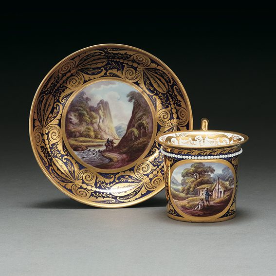 〈 ダービー〉

瑠璃金彩風景文カップ＆ソーサー

イギリス　1806～1825年頃

カップ口径：8cm