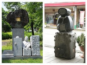 鈴木武右衛門《故郷の遠き山の呼び声》1997 花崗閃緑岩・白雲母花崗岩・漆・金箔 酒井良《フキノトウ》1999 花崗岩　写真提供＝十日町石彫シンポジウム実行委員会