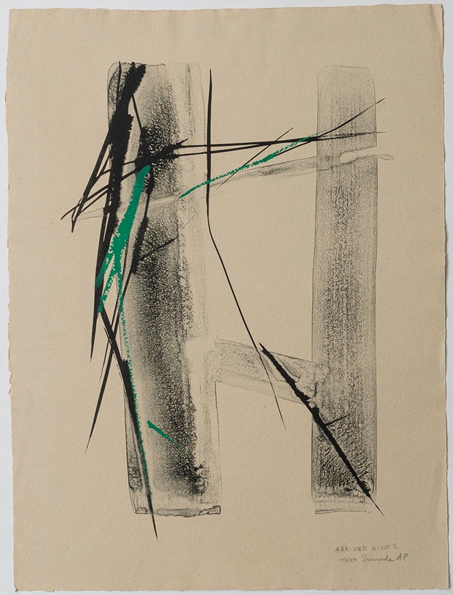 篠田桃紅

SHINODA Toko 1913-2021 日本
ほぼ独学で書を学び、1956年に渡米。抽象絵画が全盛のニューヨークにて、文字にとらわれない新しい墨の造形を試みる。「墨象（墨の抽象画）」と呼ばれる独自の作風で世界的な評価を得る。100歳を超えても墨による抽象作品を描き続けた。

ARRIVED WIND 'C　1975　リソグラフに手彩色