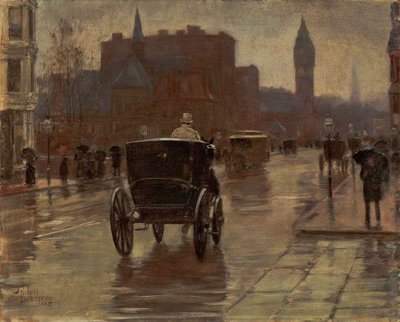 《コロンバス大通り、雨の日》チャイルド・ハッサム　1885年　油彩、カンヴァス　65.4×74.9cm　ウスター美術館