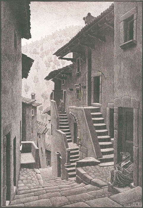 《スカンノの街路、アルブルッツィ地方》 1930年、リトグラフ　Maurits Collection, Italy / All M.C. Escher works
© 2024 The M.C. Escher Company, Baarn, The Netherlands. All rights reserved mcescher.com