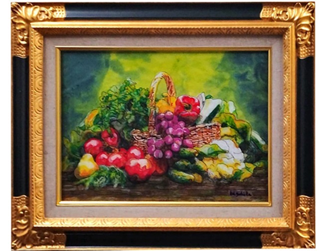 吉岡恵子「収穫されたカゴいっぱいの野菜」
(F4号)