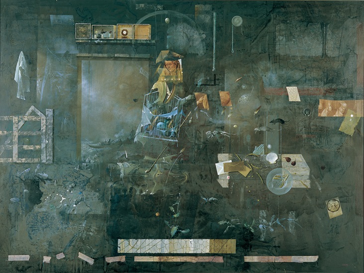 麻田浩

ASADA Hiroshi 1953-1997 日本
初期はアンフォルメルに傾倒していたがヨーロッパ旅行を機に抽象的な作風からシュルレアリスム的手法の具象画へ転向。麻田作品には巧みなトロンプイユ、そして超常現象の描写が散見される。麻田作品は美術史上の分類では還元しきれないSF的想像力にこそ真価が発揮されているのではないか。

蕩児の帰宅（トリプティックのための） 1988　油彩・キャンバス
