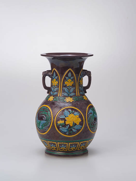 初代和田桐山《交趾写牡丹鳳凰文花瓶》20世紀前半　琴浦窯