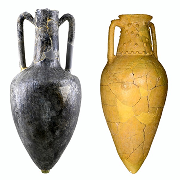 左：ロードス島産アンフォラ(メソポタミアで施釉)　1世紀
右：メソポタミア産アンフォラ　1世紀