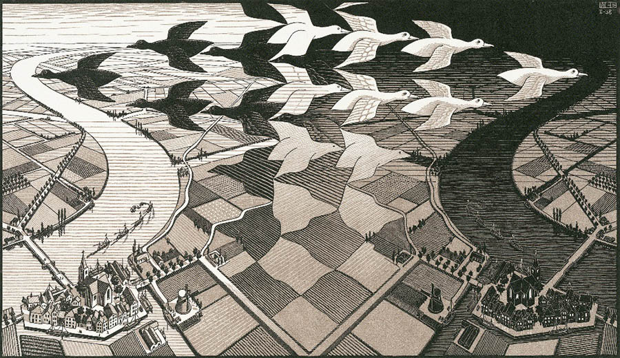 《昼と夜》 1938年、木版　Maurits Collection, Italy / All M.C. Escher works
© 2024 The M.C. Escher Company, Baarn, The Netherlands. All rights reserved mcescher.com