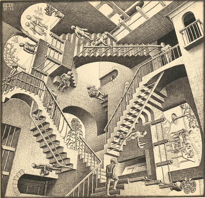 《相対性》 1953年、リトグラフ　Maurits Collection, Italy / All M.C. Escher works © 2024 The M.C. Escher Company, Baarn, The Netherlands. All rights reserved mcescher.com