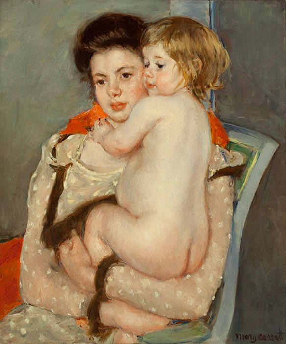 《裸の赤ん坊を抱くレーヌ・ルフェーヴル(母と子)》メアリー・カサット　1902-03年　油彩、カンヴァス　68.1×57.3cm　ウスター美術館