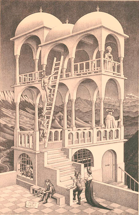 《物見の塔》 1958年、リトグラフ　Maurits Collection, Italy / All M.C. Escher works
© 2024 The M.C. Escher Company, Baarn, The Netherlands. All rights reserved mcescher.com