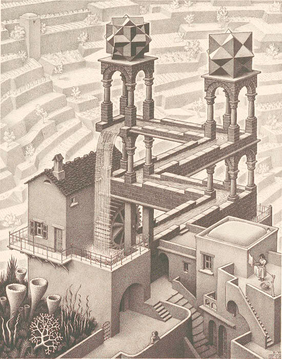 《滝》 1961年、リトグラフ　Maurits Collection, Italy / All M.C. Escher works
© 2024 The M.C. Escher Company, Baarn, The Netherlands. All rights reserved mcescher.com