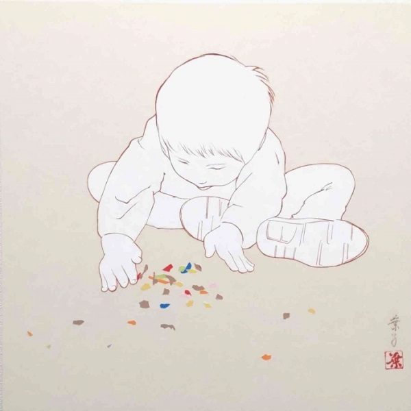 手塚葉子「見つけ出す」 岩絵具、折り紙、パネル、麻紙 S10号