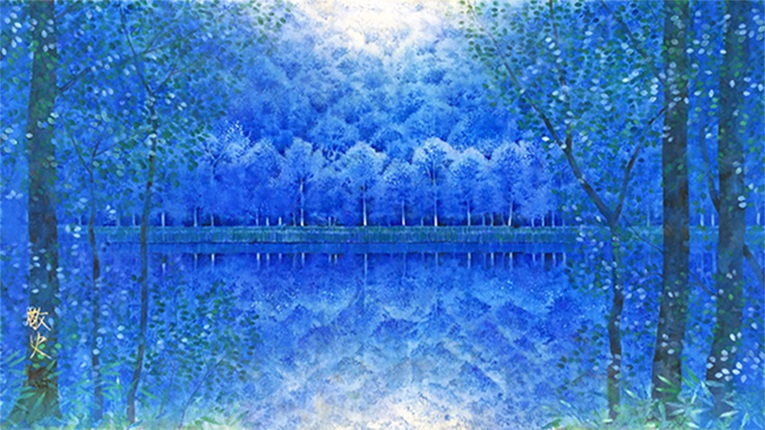 「紺碧の森(青森・蔦沼)」 岩絵の具、727×409cm