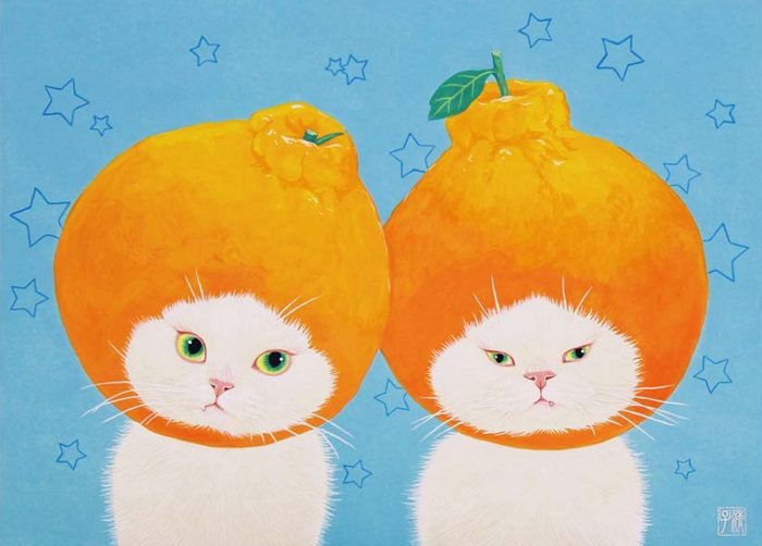 伊藤清子「猫かぶり　デコポンズ」F4号、日本画