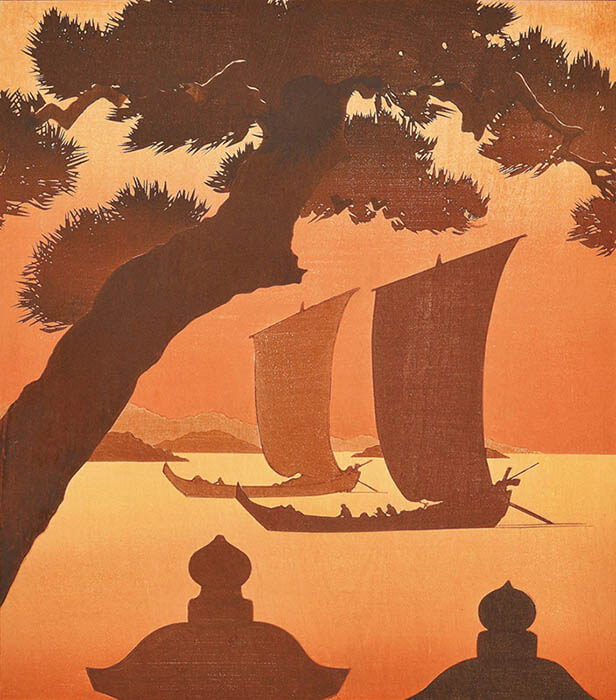 リリアン・Ｍ・ミラー《帆船　夕日》　大正９年(1920)　渡邊木版美術画舗蔵