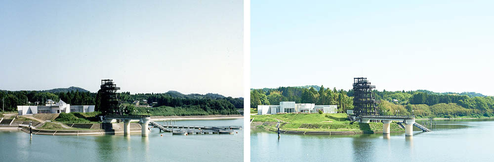 左：「市原市水と彫刻の丘」竣工写真（1995年撮影）　©市原湖畔美術館