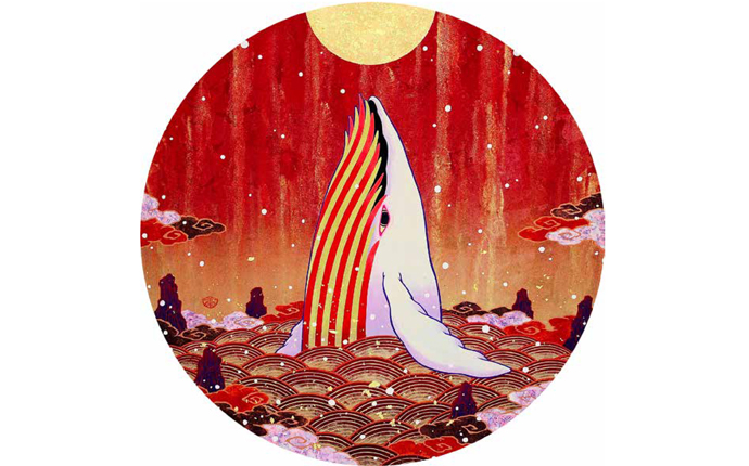 「吉兆白鯨図～露紅～」（岩彩、日本画、円形10号）