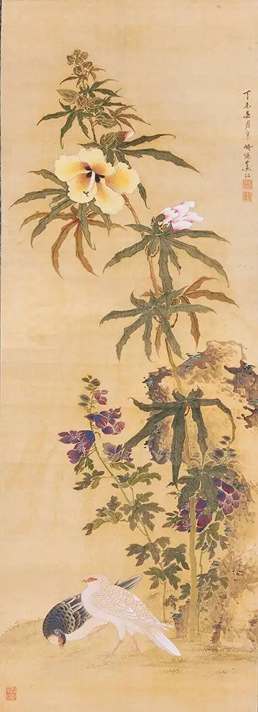真村蘆江「黄蜀葵小禽図」天明７年（1787）　当館蔵