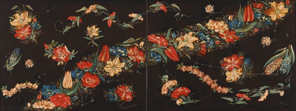 髙橋-節郎《花の星座》1949年　彩研出蒔絵、アルミニウム合金板　41.9×110.4㎝　豊田市美術館蔵