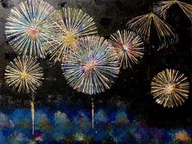 濱村凌 あの時見れなかった花火景色を 50号F・Acrylic on panel ※会期中、連日午後2時から午後4時の間、作家が来場し制作を行います。