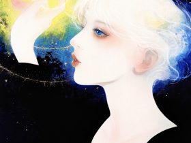 黒木美都子「ペルセウスを追って」 F8 アートクロスに水干、岩絵具、白土、モデリングペースト