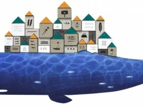 高橋 祐次・間瀬 由加里「クジラと家 / 海をゆく都市」 19×40cm 日本画、アクリル、砂