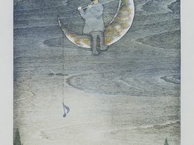 「月に唄う/Nocturne in moonlight」 和紙、水性木版画 H26×W16.5cm 2023 (アワガミ国際ミニプリント展2023　藤森實賞作品)