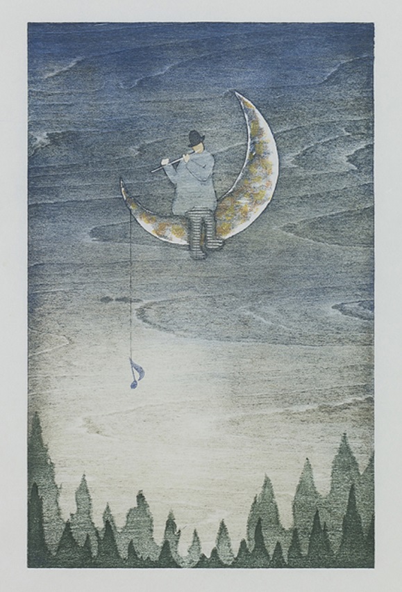 「月に唄う/Nocturne in moonlight」 和紙、水性木版画 H26×W16.5cm 2023 (アワガミ国際ミニプリント展2023　藤森實賞作品)