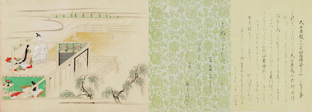 重要美術品　宇治拾遺物語絵巻　巻第五　（詞書）近衞家凞筆　（絵）狩野尚信筆　江戸時代　17世紀（通期展示）　
「大二条殿に小式部内侍、歌よみかけ奉る事」（第81話）