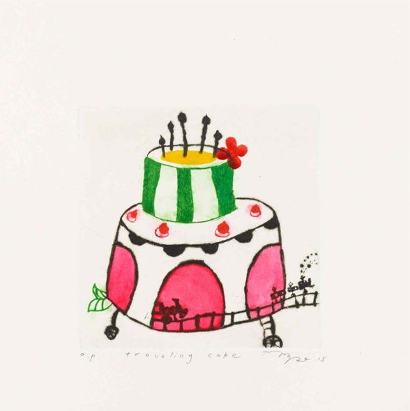 舟田 潤子<span>「traveling cake」</span>10×10cm<br />銅版画、ドライポイント、手彩色