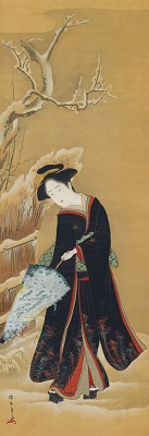 雪中傘持美人図
勝川春章　天明7,8年（1787-1788）頃　出光美術館