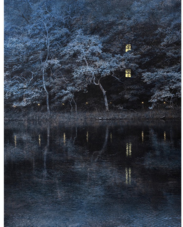 「Light leading to confort」91x71cm　墨,岩絵具,顔料,銀箔,和紙