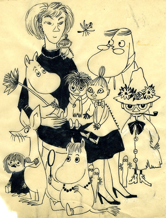 トーベ・ヤンソン「ムーミンたちとの自画像」1952年 インク ムーミンキャラクターズコレクション
©Moomin Characters™