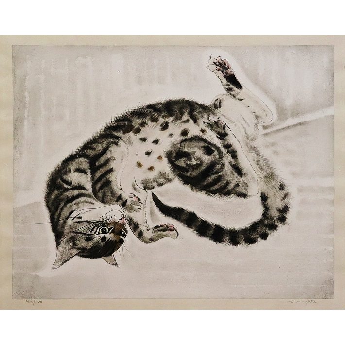 レオナール・フジタ【猫十態　仰向けに横たわる猫】銅版画(28.7×36.4cm)、1929年、ed:100、ブイソン証明書付き