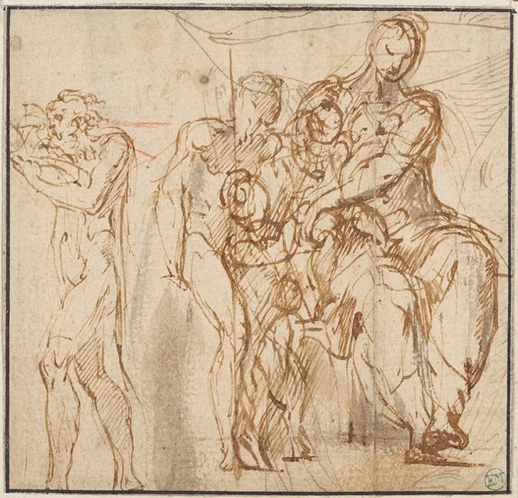 パルミジャニーノ(フランチェスコ・マッツォーラ)《聖ヨハネと男性聖人を伴う「長い首の聖母」のための習作、左に向かって歩く男性》ペン、褐色インク、灰色の淡彩、赤チョーク、紙
スウェーデン国立美術館蔵 ©Cecilia Heisser/Nationalmuseum