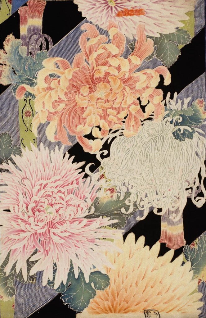 幸野楳嶺下絵 《御簾に大菊文様友禅染裂》 明治23年(1890年) 株式会社千總ホールディングス蔵