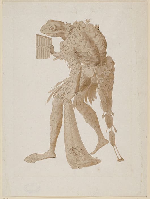 ニコロ・デッラバーテに帰属《蛙男》ペン、褐色インク、淡い褐色の淡彩、紙(本紙より切り抜いて別紙に貼り付け)
スウェーデン国立美術館蔵 ©Hans Thorwid/Nationalmuseum 2012